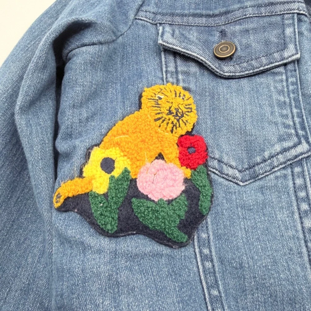 Hanna Andersson Girls Sherpa Lined Denim Jacket Lion Unicorn Embroidered Blue 8